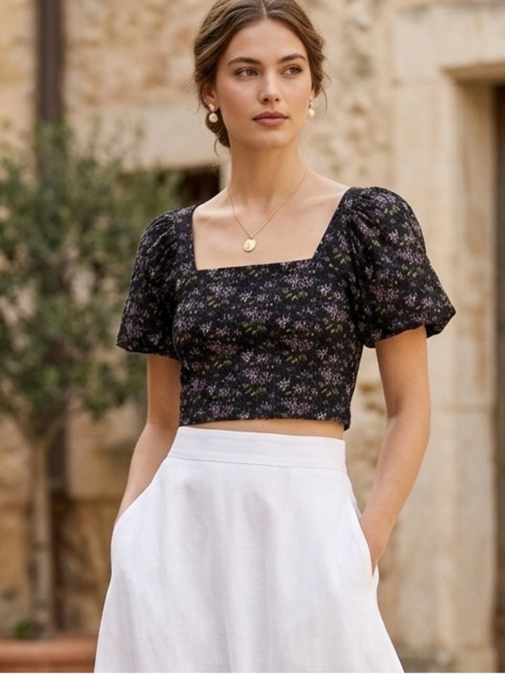 Madewell Boho Chic Cabincore Square Neck Black Floral Puff Sleeve Crop Top